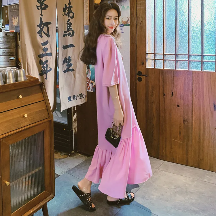 韩系粉色休闲夏季新款宽松清冷系禅意衣服女连衣裙裙子显瘦拼接