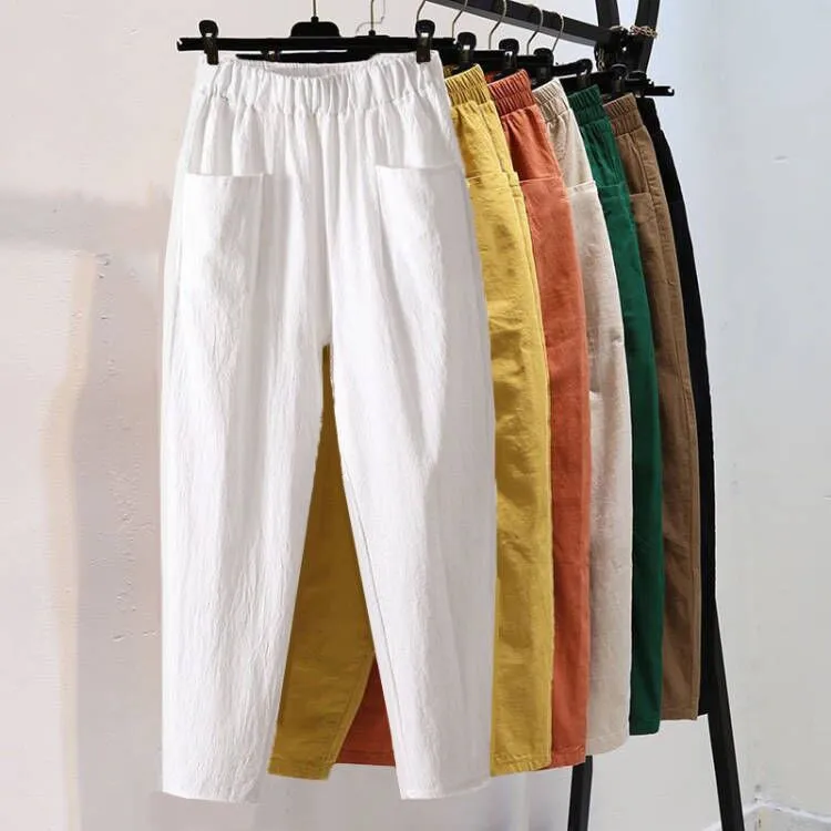 宽松休闲裤女2024年夏季显瘦白色萝卜裤仿棉麻大码直筒九分哈伦裤