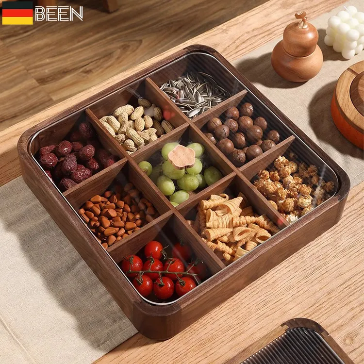 轻奢客厅家用胡桃木中式密封防潮九宫格干果盘实木坚果零食盒