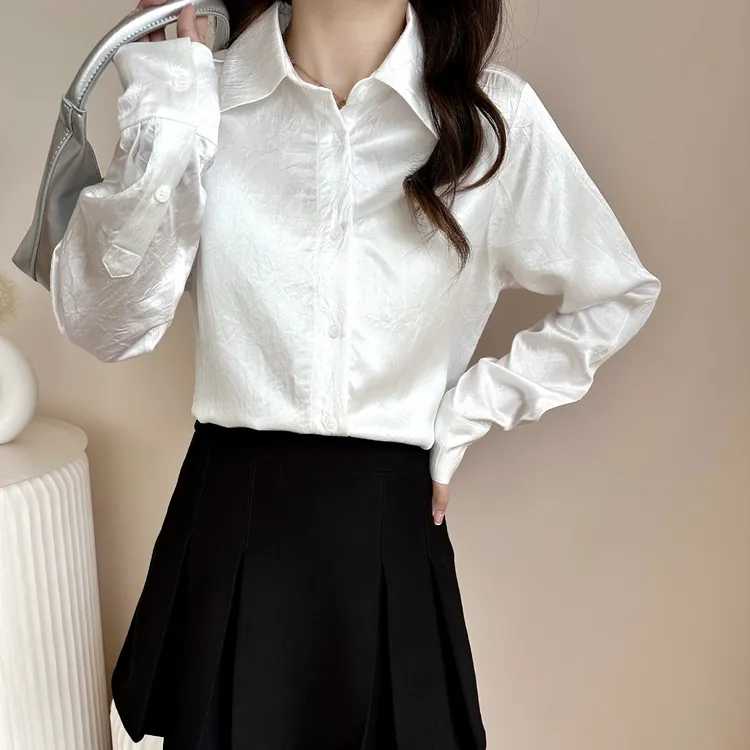 宽松醋酸衬衫白衬衫白色上衣女长袖显瘦气质百搭纯色翻领衬衣