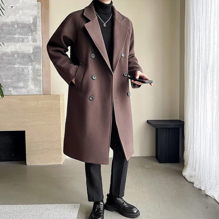英伦风男士中长款风衣双排扣西装领毛呢大衣秋冬款呢子外套