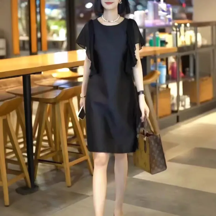 高雅气质夏季新款高端精致荷叶边中长款黑色连衣裙休闲裙子显瘦女