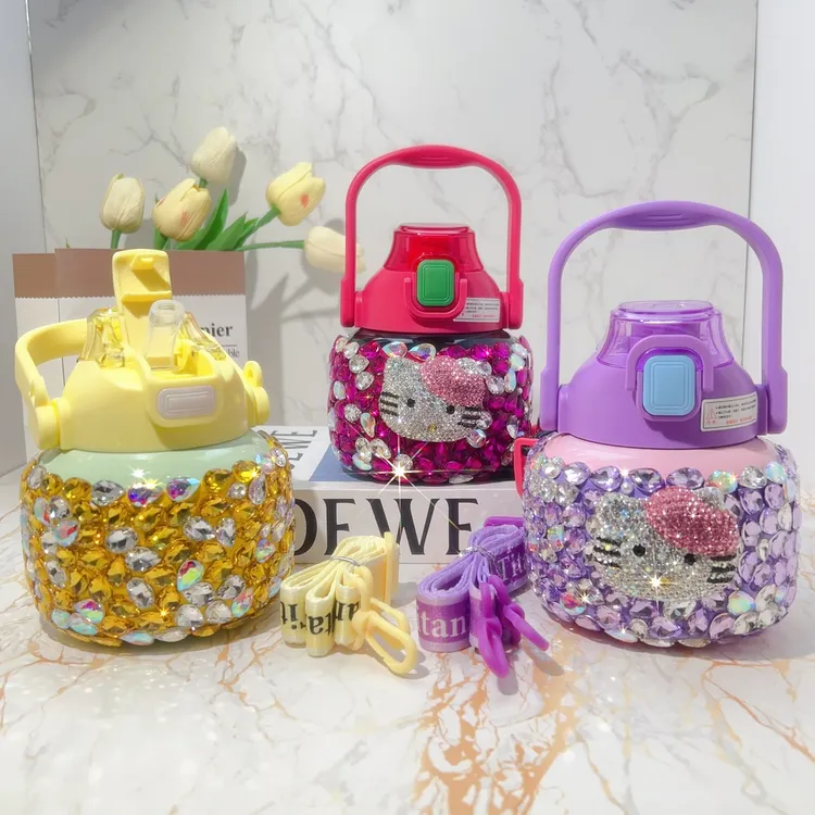 镶钻双饮吨吨杯高颜值大容量背带儿童双饮吸管杯不锈钢覆钛墩水杯