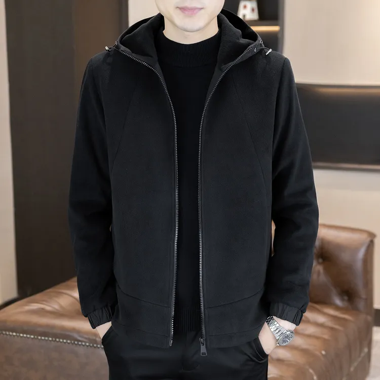 男士外套春秋新款摇粒绒连帽短款休闲保暖潮流宽松百搭爆款夹克