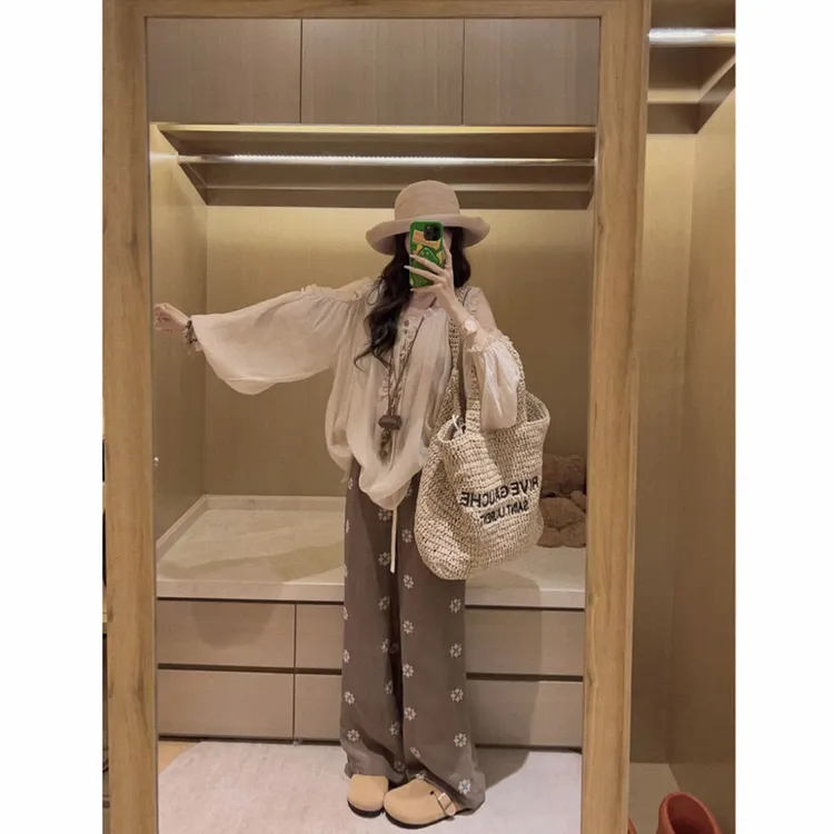 夏季新款法式木耳边衬衫配高腰垂感长裤套装