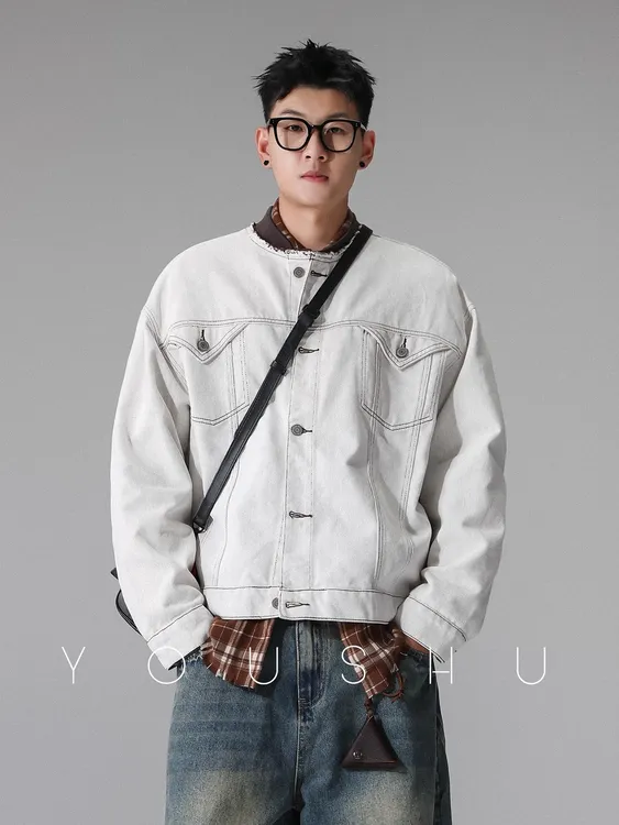 手工丹宁白牛仔」美式潮牌短款牛仔夹克男秋季宽松外套