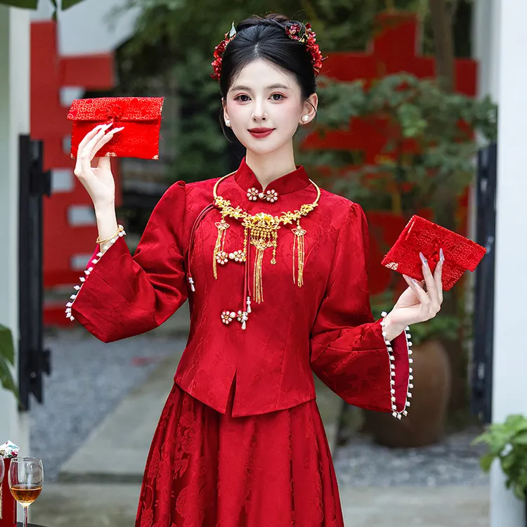 复古中国红高端敬酒服套装新娘中式汉服重工提花订婚结婚婚服礼服