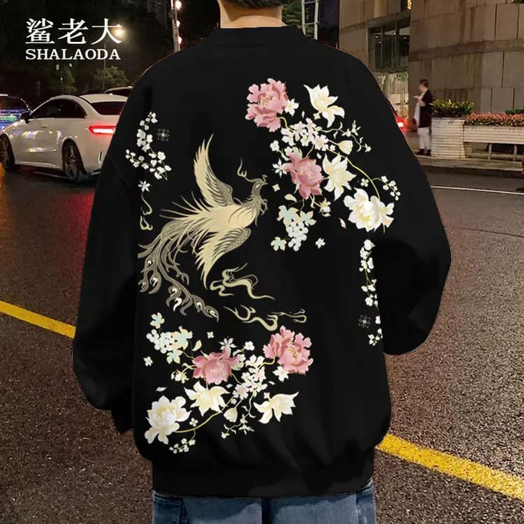 冬季新款国潮卫衣男凤凰印花加绒加厚大码加肥圆领上衣青少年外套