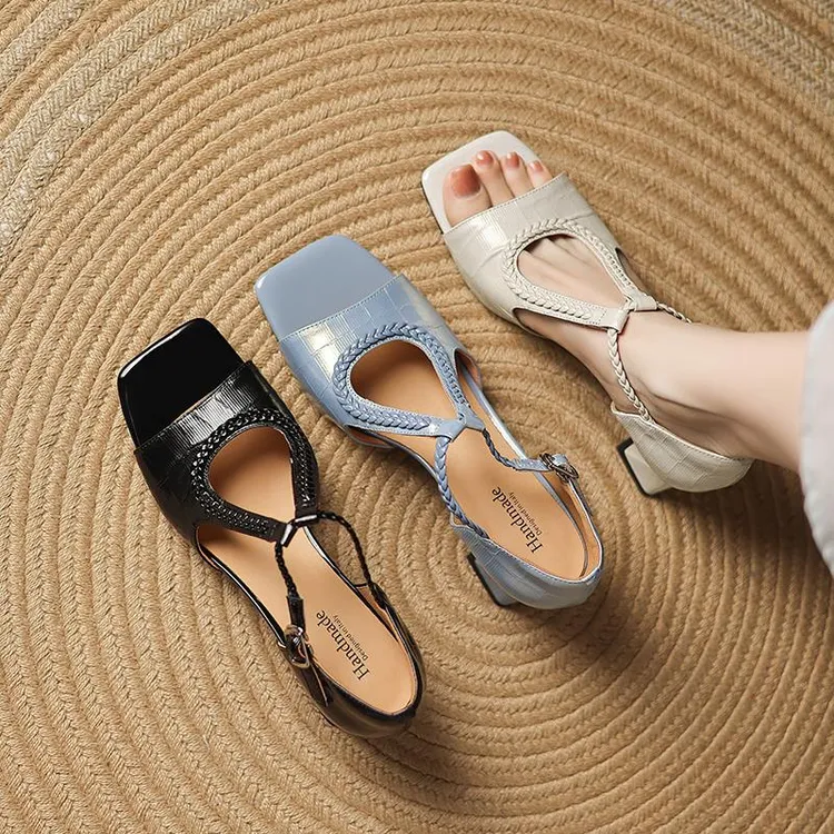 真皮方头粗跟露趾凉鞋女2025新款镂空编织丁字带高跟鞋玛丽珍鞋女