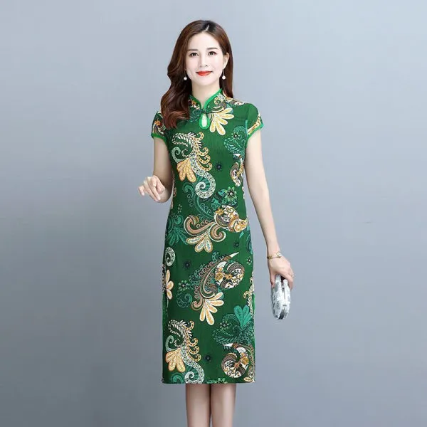 大码连衣裙女夏季新款中国风气质复古旗袍印花裙女修身显瘦中长裙