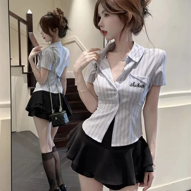 jk学院风套装女夏季新款气质收腰显瘦条纹衬衫高腰半身裙两件套潮