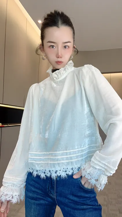 立领毛针织衫气质百搭针织休闲风网红蕾丝设计上衣