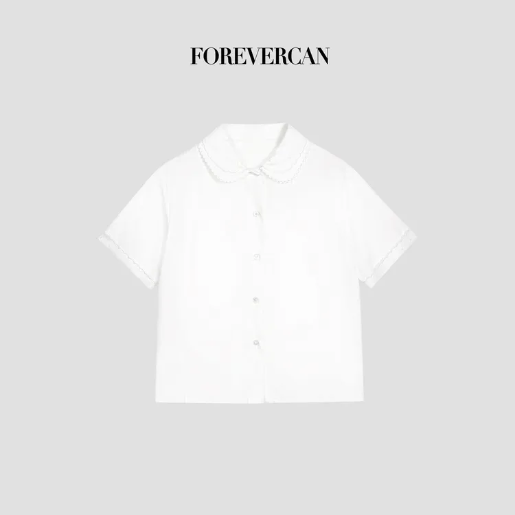 FOREVERCAN“栀梦初绽”学院风刺绣花瓣娃娃领短袖衬衫ST57025