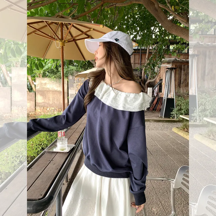 藏青色一字肩蕾丝拼接长袖卫衣女2025秋季新款露肩宽松打底衫上衣