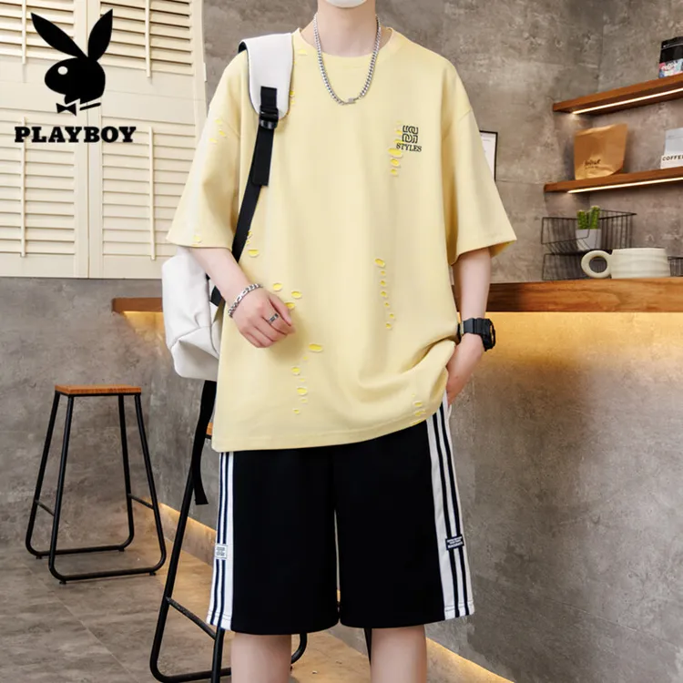花花公子短袖套装高中初中学生潮牌T恤休闲青少年大童夏款两件套