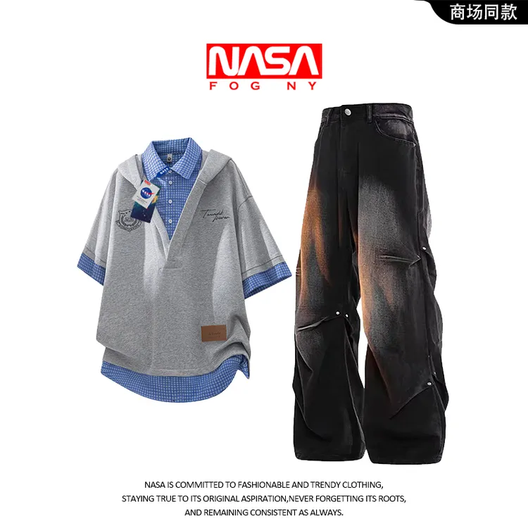 NASA夏季时尚男士假两件格纹拼接潮流百搭简约高级短袖牛仔裤套装