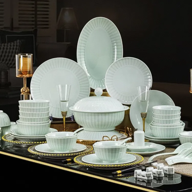 高档影青釉麦穗纹餐具套装家用乔迁送礼佳品轻奢陶瓷盘碟吃饭简约