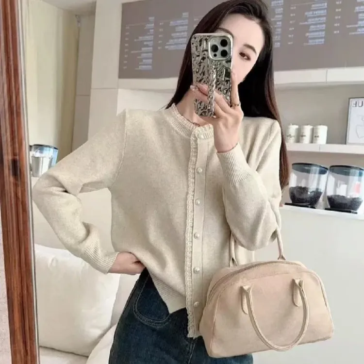 新款小香风蕾丝花边针织开衫毛衣外套洋气春秋打底衫女内搭针织衫