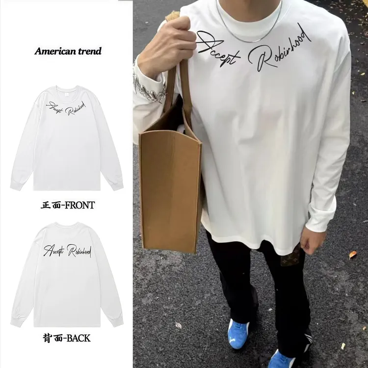美式高街字母印花长袖纯棉重磅宽松休闲潮流设计感T恤男女同款