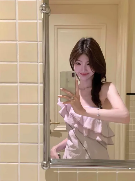 【美女氛围感】斜肩荷叶边连衣裙女夏海边度假风修身显瘦裙子