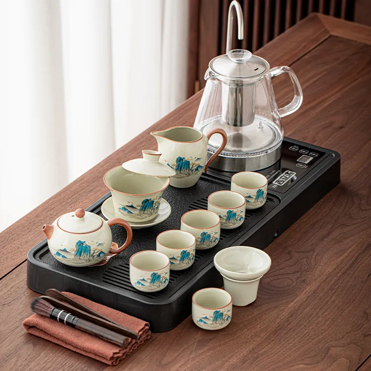 汝窑功夫茶具套装喝茶家用喝茶陶瓷盖碗茶壶小型干泡烧水壶茶台