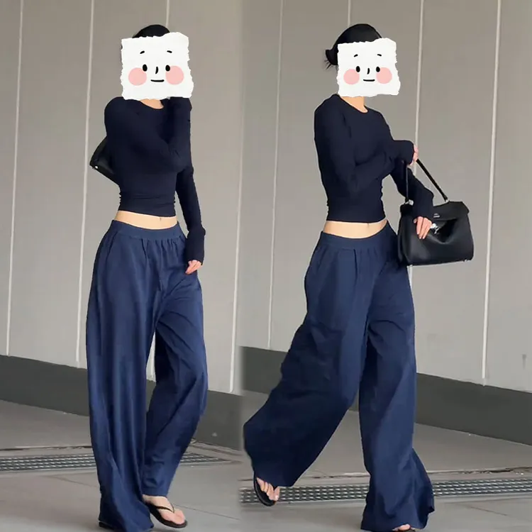 2025秋季新款设计感百搭长袖圆领修身显瘦上衣女休闲阔腿裤两件套