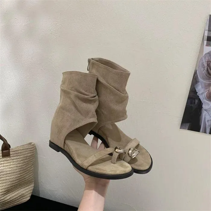 ALILOVER阿里情人~时髦小众金属扣套趾内增高凉靴复古百搭短靴女