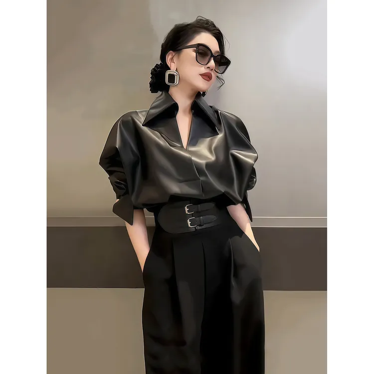 小众高级感皮衬衫黑色阔腿裤套装女秋冬2025爆款精品女装时尚百搭