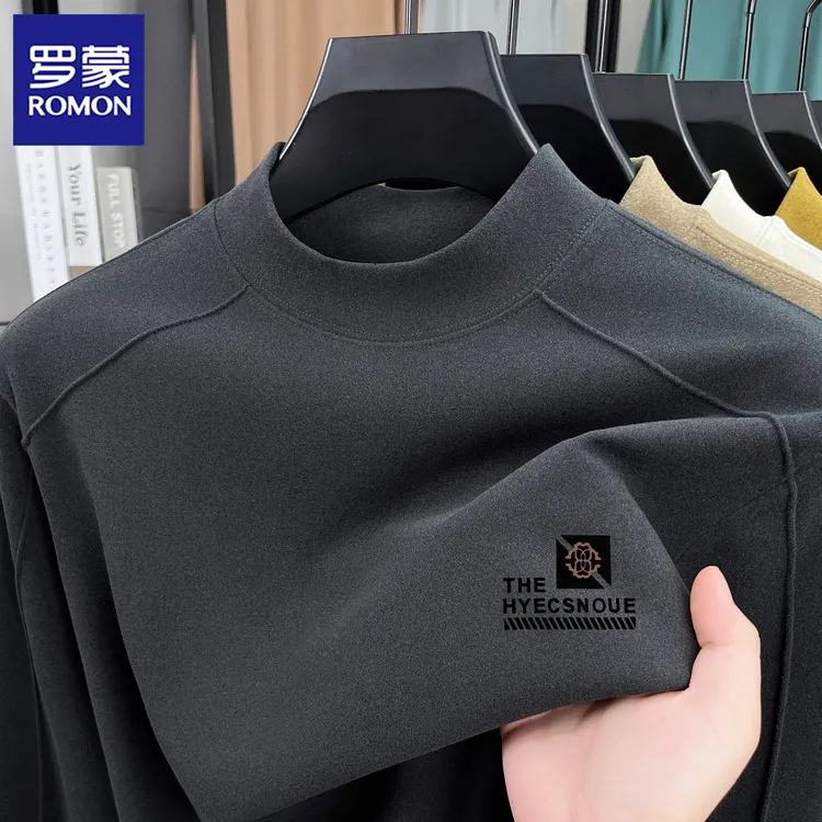 罗蒙双面德绒长袖t恤男士秋冬加厚保暖内搭打底衫纯色半高领卫衣T