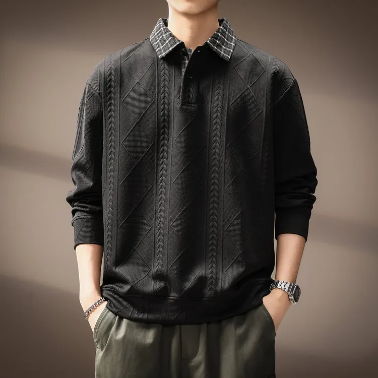 高端美式麦穗纹肌理长袖Polo衫男秋季加绒假两件宽松翻领休闲卫衣