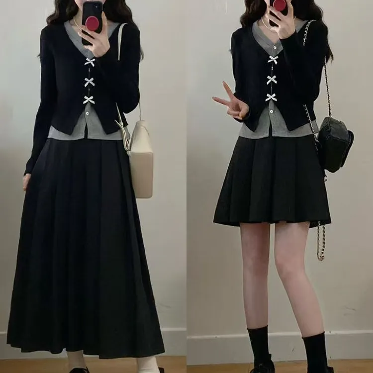 2025秋季大码女装胖mm新款假两件显瘦蝴蝶结上衣+百褶半身裙洋气