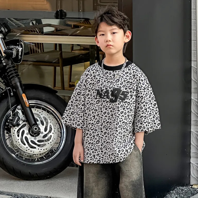 男童夏款韩版潮牌上衣2025夏季新款儿童豹纹T恤短袖宽松炸街体恤