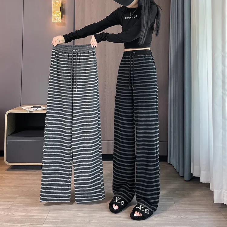 2025春秋复古针织流行条纹窄版阔腿裤女松紧腰显瘦显高直筒休闲裤