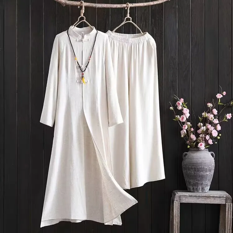 复古文艺棉麻居士打坐禅修女装连衣裙中式盘扣禅意茶服两件套装女