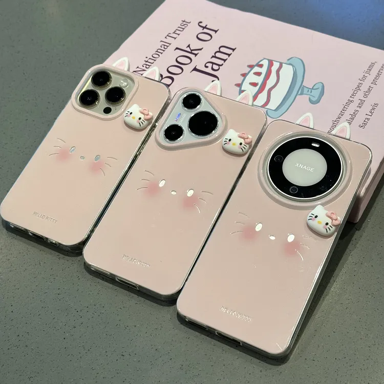 BANCA粉Kitty表情耳朵适用苹果15羽纱手机壳vivo华为oppo小米14