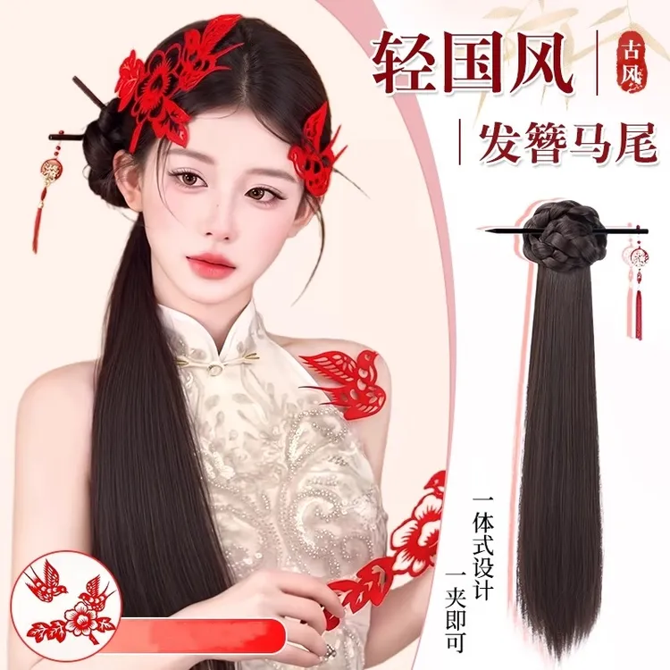新年剪纸新中式马尾假发女辫子抓夹古风节日编发花苞侧扎发簪马尾