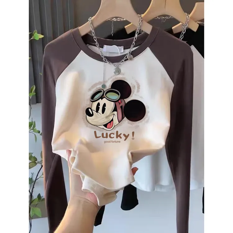 2025新款德绒小众撞色圆领正肩长袖t恤女时尚百搭加厚磨毛打底衫