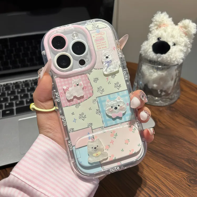 碎花小狗公仔支架适用苹果16手机壳iPhone15小米14vivoppo华为p70