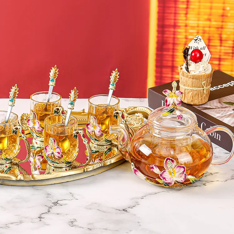 新款蝴蝶兰功夫茶具耐热玻璃小茶杯创意珐琅彩茶具茶水分离泡茶壶