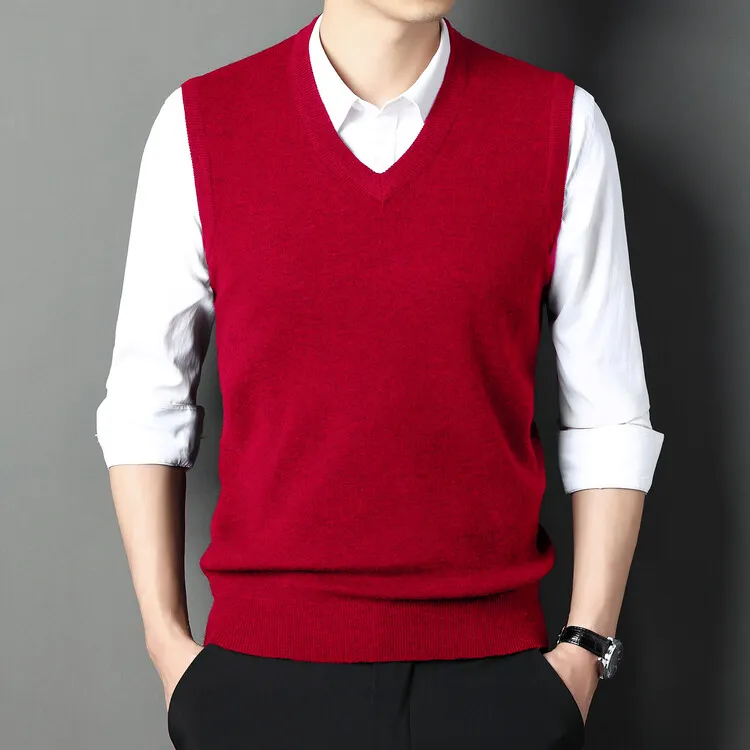 秋冬纯色背心中年男V领无袖马甲中老年爸爸坎肩针织毛衣打底衫