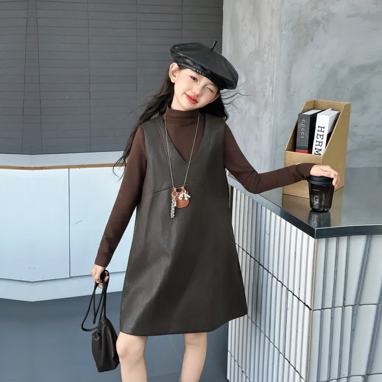 女童美拉德连衣裙套装2025中大童小女孩秋季森系咖色打底衫pu皮裙
