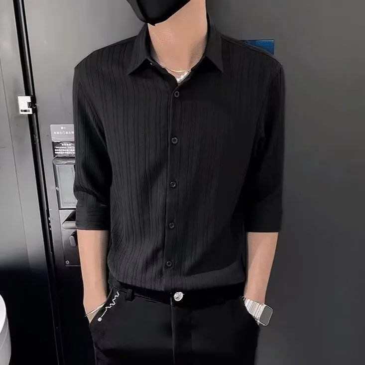 七分袖衬衫男痞帅夏季薄款男士中袖上衣短袖寸衣冰丝条纹长袖衬衣