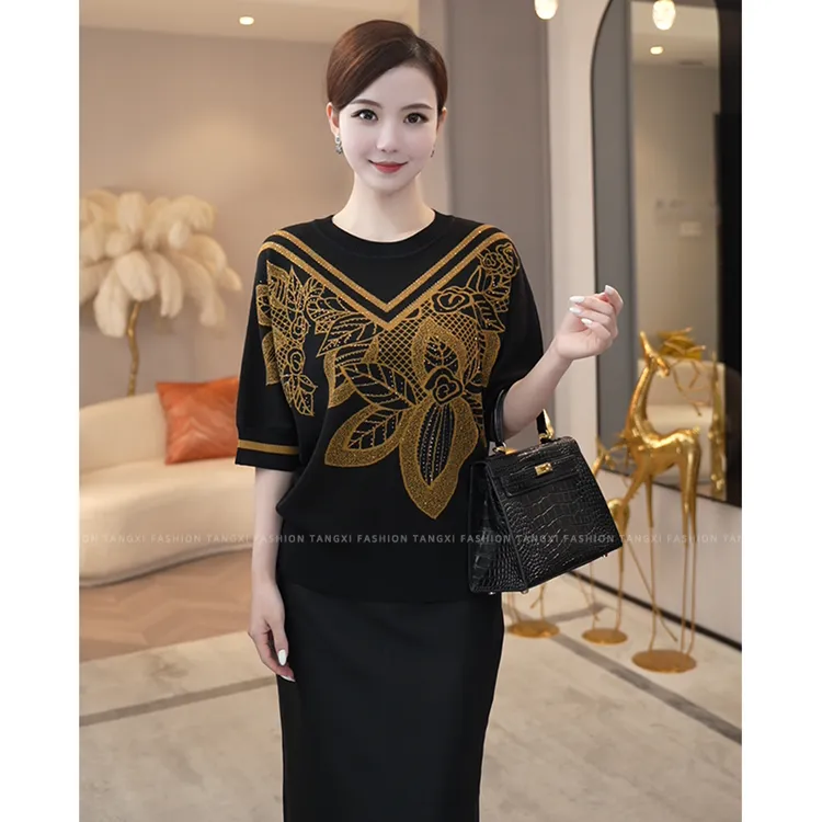 2026早秋新款【7829】圆领中袖显瘦高级感日常宽松黑色提花针织衫