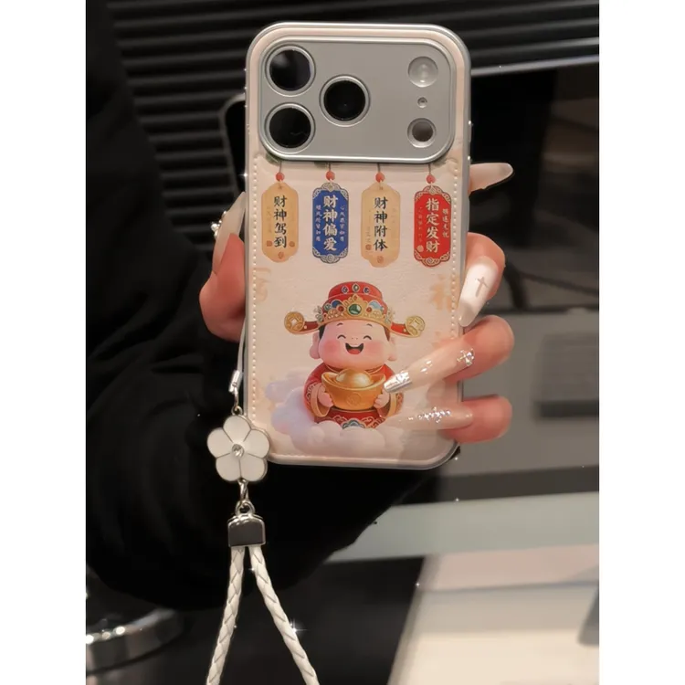 财神附体适用苹果17pro手机壳16pm小众女华为p70金属皮纹防摔小米