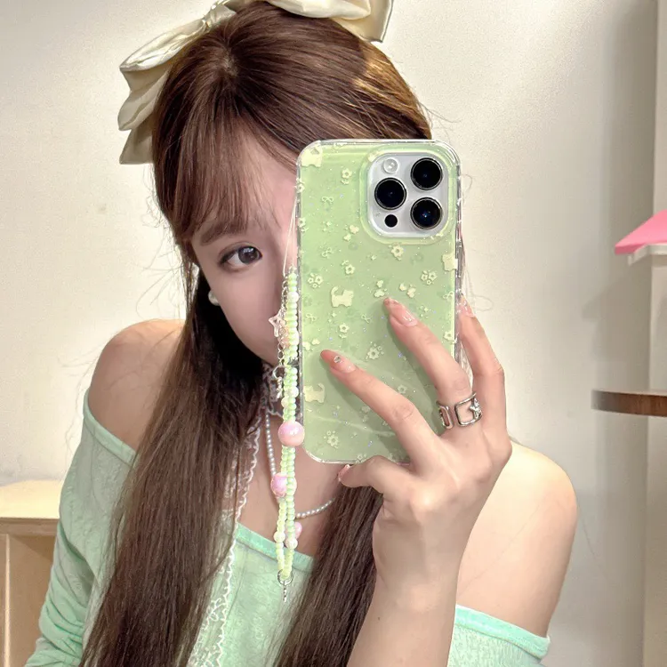 闪粉绿色花朵猫咪适用iphone17Promax苹果16手机壳13女双层15链条