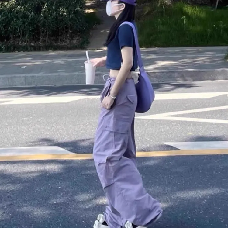 新女2025美式多巴胺炸街渐变扎染工装裤抽绳束脚休闲伞兵裤工装裤