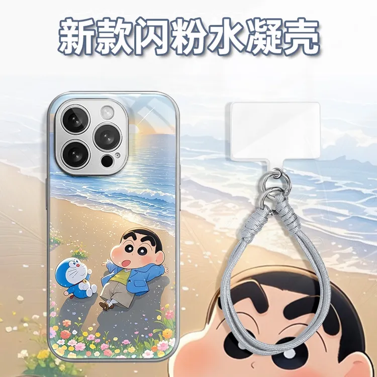 海滩蓝衣小新叮当水凝玻璃壳适用iPhone苹果16手机壳华为oppo小米