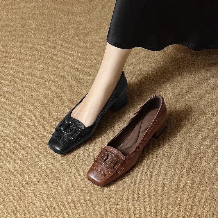 鞋子女款爆款2025新款软皮4CM粗跟方头时尚百搭气质单鞋女高跟鞋