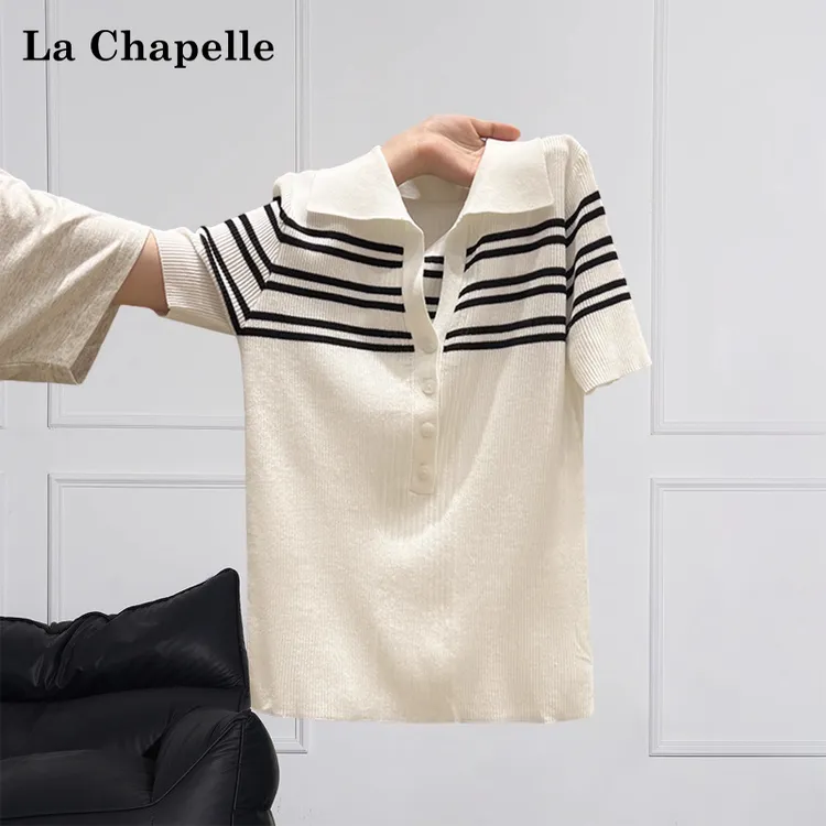 拉夏贝尔polo半开翻领短袖T恤女条纹针织衫修身显瘦夏日绝美上衣