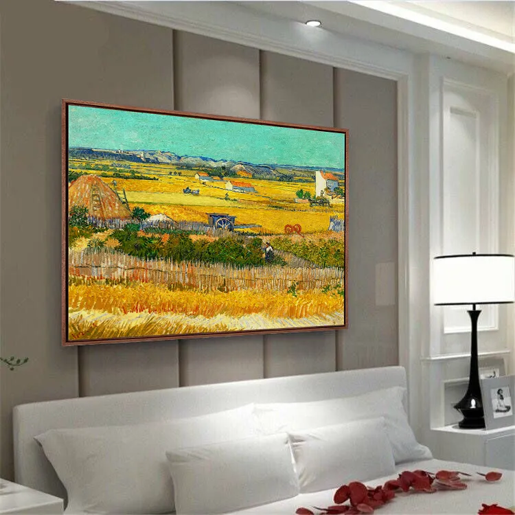 梵高《丰收》版画正品玄关客厅餐厅装饰画实木框挂画背景墙油画新款